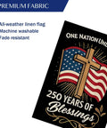 Blessings America Garden Flag 12x18 Burlap Double Sided All American Patriotic Cross Design With American Flag One Nation Under God 250 Years Of Blessings Outdoor Yard Flag For Patriot Folks displayed with premium fabric features.
