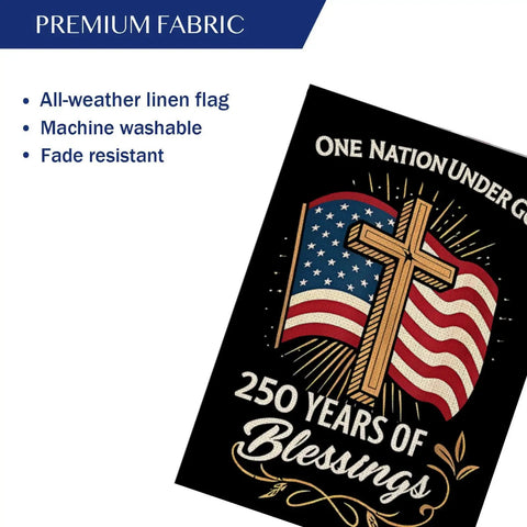 Blessings America Garden Flag 12x18 Burlap Double Sided All American Patriotic Cross Design With American Flag One Nation Under God 250 Years Of Blessings Outdoor Yard Flag For Patriot Folks displayed with premium fabric features.