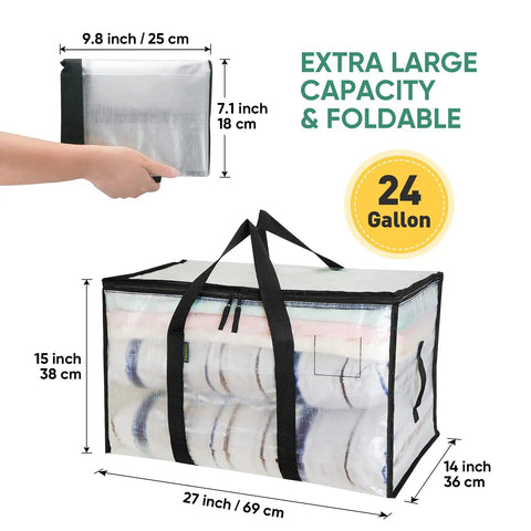 Six Pack Oversized Moving Bags With Reinforced Handles, Heavy Duty Clear Storage Totes, 27x15x14 inches, open top, folded view