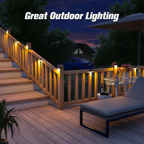 Solar Fence Post Lights 6 Pack, Waterproof Outdoor LED Fence Lighting For Backyard illuminating a wooden staircase and deck