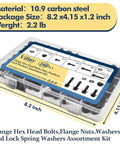 M8-1.25 Flange Bolt Kit 160-Piece with labeled storage box showing contents and dimensions.