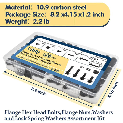 M8-1.25 Flange Bolt Kit 160-Piece with labeled storage box showing contents and dimensions.