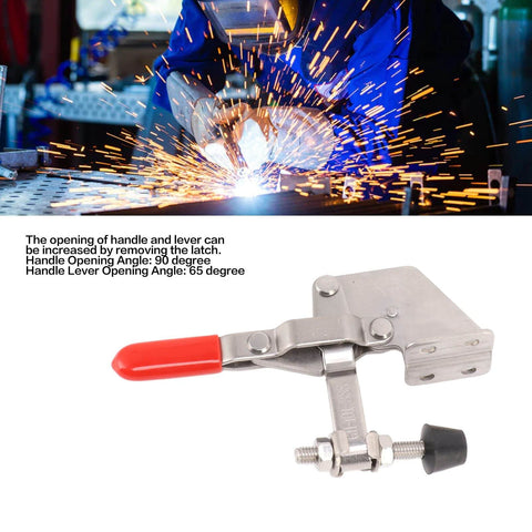 Toggle Clamp Heavy Duty 220Lbs Holding Capacity With Anti Slip Rubber Tip for woodworking jigs and fixtures, shown in welding environment.