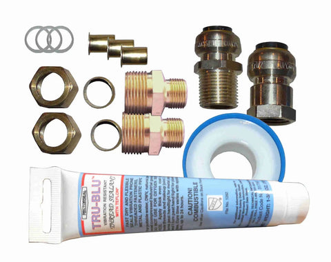 Top Shelf Three Panel Hybrid Solar Water Heater Kit With Automatic Electric Backup plumbing fittings including nuts, washers, sealant.