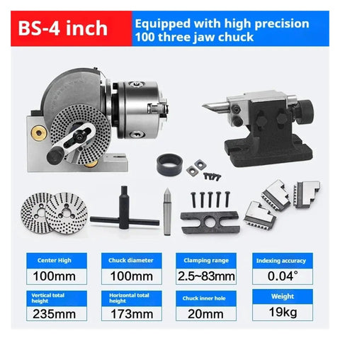 Built Tough 4 Inch Indexing Head For Milling Machines with 100mm three jaw chuck and accessories for CNC rotary machining.