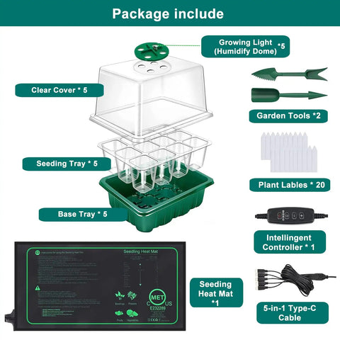 Seed Starter Tray Kit No Fuss With Heat Mat And Grow Light, 5 Pack Seedling Trays, humidity dome, tools, labels, and controller.