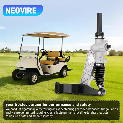 Golf Cart Steering Gear Box Assembly And Steering Rack Replacement Fits TXT Medalist 1994.6 Through 2001 And ST350 Workhorse 1996 And Up Gas Or Electric Models Replaces 70314G01 70314G02 70723G02 shown beside a golf cart on grass
