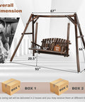 Wooden 2-Seat Porch Swing With A-Frame Stand dimensions and packaging showing carbonized finish and seating capacity of 550 lbs