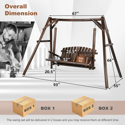 Wooden 2-Seat Porch Swing With A-Frame Stand dimensions and packaging showing carbonized finish and seating capacity of 550 lbs