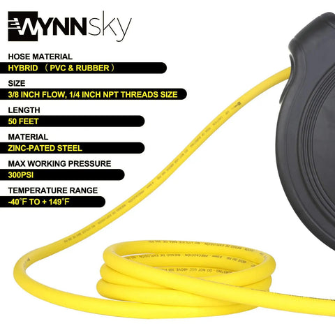 Heavy Duty Automatic Retractable Air Compressor Hose Reel With 3/8 Inch By 50 Ft Hybrid Air Line for Shop and Garage.