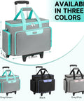 Rolling Sewing Machine Case With Wheels And Trolley Handle in three colors: Grey/Green, Black, Grey/Pink; measures 17.8 x 9.7 x 13.5 inches.