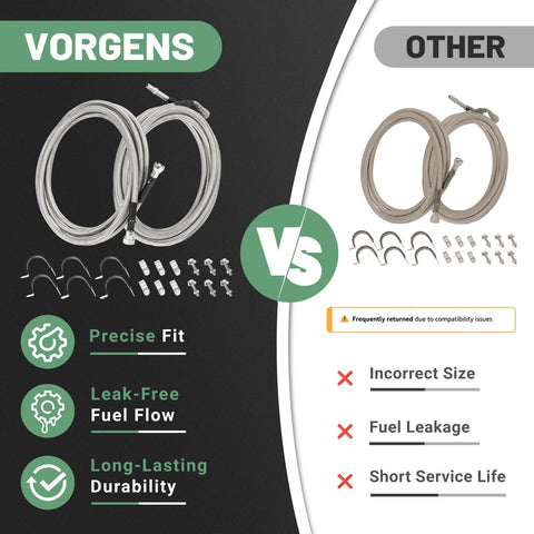 Comparison of VORGENS vs Other fuel line kits, highlighting precise fit, leak-free flow, and durability for Chevy Cobalt HHR.
