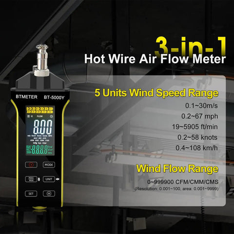 3 In 1 High Precision Digital Hot Wire Anemometer For Air Velocity And Air Flow With CFM CMM Readouts, 0.2 To 67 MPH Range, Temperature 32 To 113 F, Pro Grade Speed And Volume Diagnostics, handheld BT-5000Y display