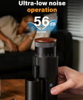 Game Changer Burr Coffee Grinder With Single Dose Design And Super Quiet Dc Motor, 56dB low noise in compact black body.