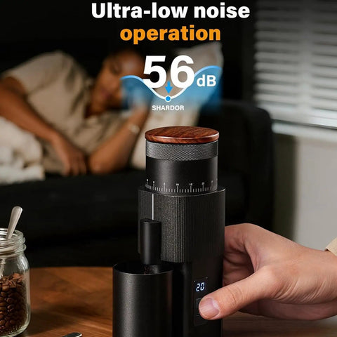 Game Changer Burr Coffee Grinder With Single Dose Design And Super Quiet Dc Motor, 56dB low noise in compact black body.