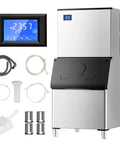 Heavy Duty Commercial Ice Maker Machine 800 Lbs Per Day With 300 Lbs Storage Bin Ice Ready In 10 To 15 Minutes Stainless Steel SECOP Compressor ETL Certified Perfect For Bar Cafe Restaurant Or Any Business showing front view with accessories like hoses and ice scoop, digital control display on top.