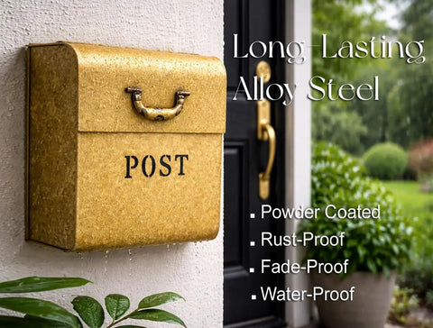 Rust Resistant Metallic Gold Wall Mount Mailbox Built Tough For Outdoors With Powder Coat Finish on front porch
