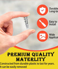 Hand holding a silver screw with icons highlighting the features: durable, easy to install, for wide application. Text emphasizes premium quality materials.