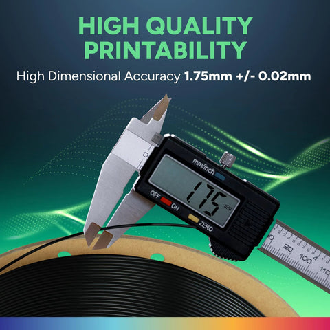 Overture TPU filament on a 1kg black spool; caliper shows 1.75 mm diameter.