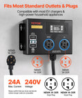 Top Tier EV Charger Splitter Switch Nema 14 30 Straight Up Reliable Dual Outlet Power Hub showing dual outlets and display.