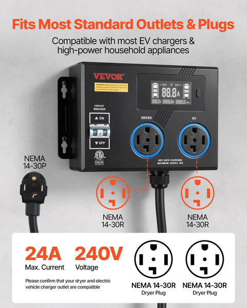 Top Tier EV Charger Splitter Switch Nema 14 30 Straight Up Reliable Dual Outlet Power Hub showing dual outlets and display.