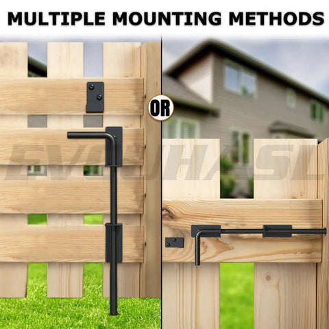 Keep Your Backyard Gate Locking Down Tight With This Straight Up Tough 12 Inch Cane Bolt Drop Rod Solid Steel Security Stopper For Wood Metal Vinyl Fences No Rust Just A Ridiculously Strong Ground Latch That Works Like A Champ, showing multiple mounting methods on a wooden gate.