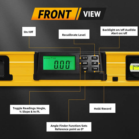 24 Inch Digital Level Featuring A Slick LCD Display And Kickass Magnetic Back That Delivers Dang Precise Angle Readings For Tough DIY Renovation Projects And Daily Trade Work - Front view with buttons and display.