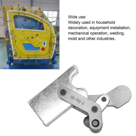 Heavy Duty Toggle Clamp With Arrow Storage Case, 200 Kg Clamp Power, 441 Lb Grip shown beside a mounted yellow car door panel