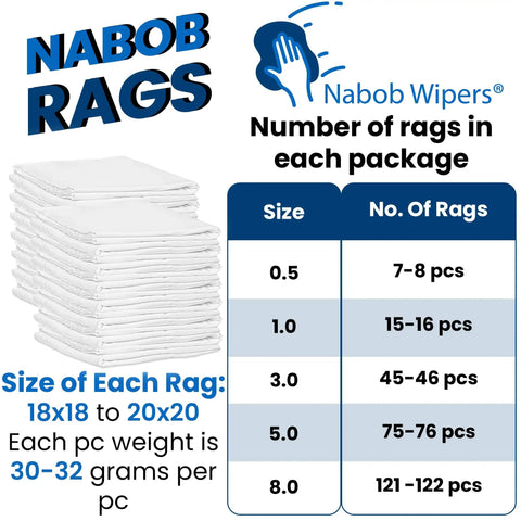 Stack of lint free 100 percent cotton cleaning rags with size information chart