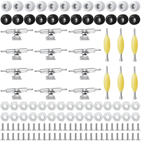 Six Sets DIY Fingerboard Kit With 24 Wheels 12 Brackets 54 Screws 30 Nuts And 6 Screwdrivers For 96mm Mini Finger Skateboard Build In Black And White