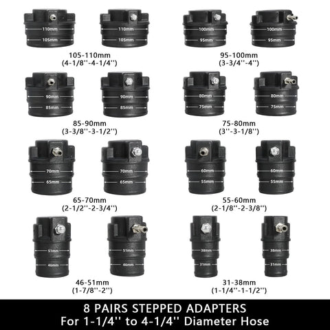 Front view: 16-piece black plastic stepped hose adapters set with metal fittings for 1-1/4" to 4-1/4" hoses