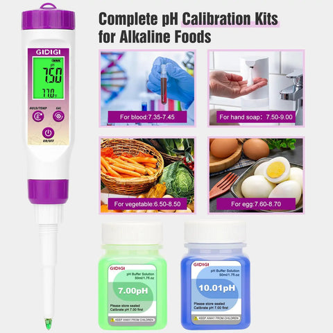 Kitchen Must Have Chef Grade Food PH Meter For Fermentation And Hot Sauce Testing With Digital PH Tester 3x50ml Buffer Kits displayed.