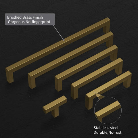 Gold Brushed Brass Cabinet Pulls 6 3/4 Inch Slick Square Kitchen Cabinet Handles Pack Of 10 Stainless Steel With 6 1/4 Inch Hole Centers Durable Satin Finish Easy Install Modern Upgrade For Cabinets And Drawers displayed in various sizes on black background.