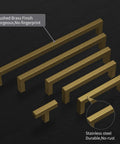 Gold Cabinet Pulls Set Of 30 With Brushed Brass Finish That Looks Slick For Kitchen Cabinets; stainless steel construction, various sizes.
