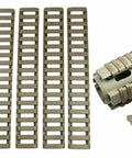 4 Pack Rifle Picatinny Rail Covers Rubber Tan And Black, Heat Resistant Polymer, Non Slip Grip, displayed vertically and wrapped.