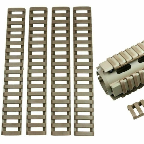 4 Pack Rifle Picatinny Rail Covers Rubber Tan And Black, Heat Resistant Polymer, Non Slip Grip, displayed vertically and wrapped.