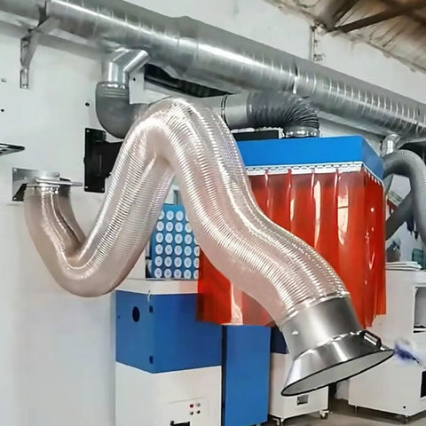 Built Tough Flexible Dust Collector Hose Featuring Puncture Resistant Walls And Snug Seal Clamp For No Fuss Heavy Duty Woodshop Smoke Extraction Work on wall.