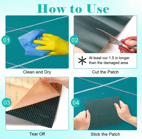 Instructions showing how to use Heavy Duty Pool Cover Patch Kit 8 By 40 Inches Self Adhesive Waterproof Repair Patch for quick fixes.