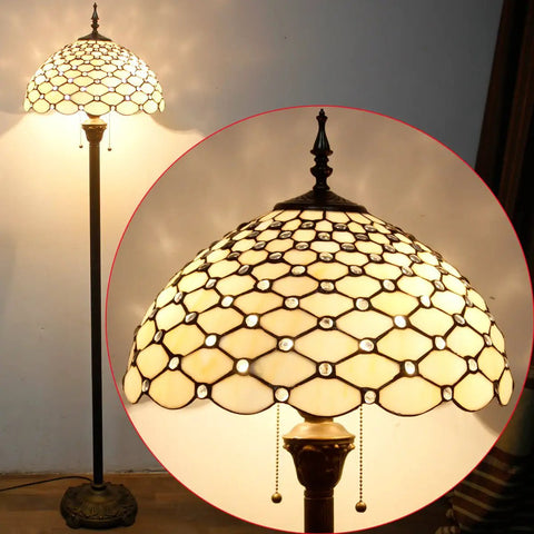 Stained Glass Style Lampshade Replacement For Table Floor Pendant And Ceiling Fixtures, 16 Inch Pearl Bead Glass Shade With Crystal Accents, Fits 3 Hooks, Warm Ambient Glow For Home Office Decor
