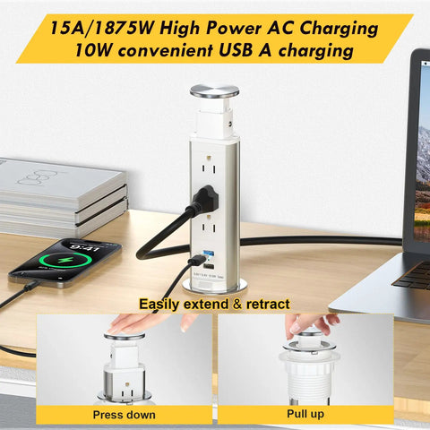 Pop Up Power Outlet For Countertop With 3 AC Outlets And 2 USB Ports, Hidden Recessed Socket showing pull-up mechanism on desk