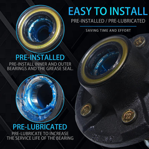 Front view of iBroPrat trailer idler hub kit, 2 sets, 5-bolt, 4.5 inch, with pre-installed bearings and seals