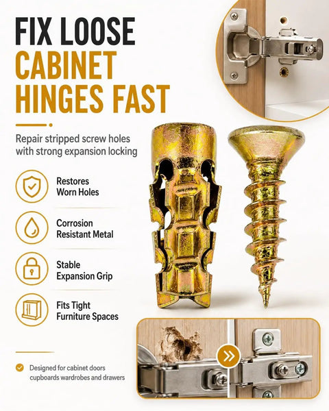 6x14mm Door Hinge Repair Kit For Loose Cabinets And Furniture with images of gold expansion inserts and repaired hinge.