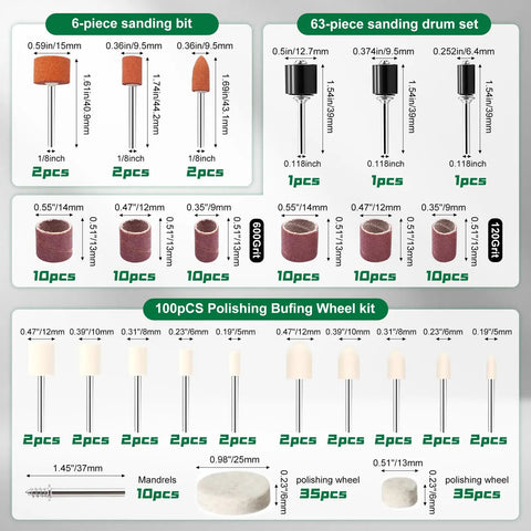 185 Piece Wool Felt Polishing Kit For Rotary Tools Gives You Everything To Make It Shine On Rusty Metal With Buffing Wheels And A Hunky Storage Case For All Your DIY Fixes, showing 6-piece sanding bits and polishing wheels.