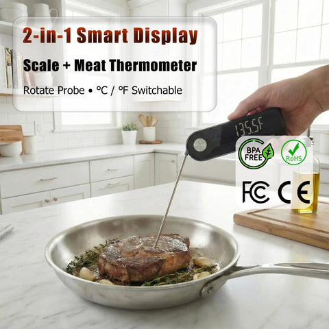 2-in-1 smart display scale and meat thermometer in use with steak on stovetop pan.