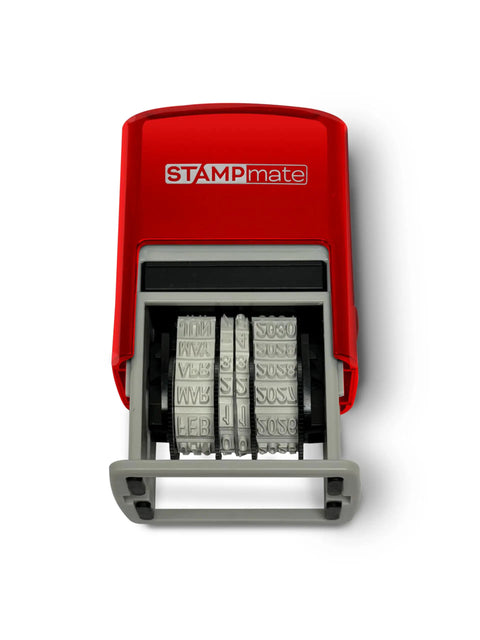 Top Shelf Self Inking Date Stamp With Adjustable Month Day Year Dial for office use, featuring red casing and adjustable date wheels.