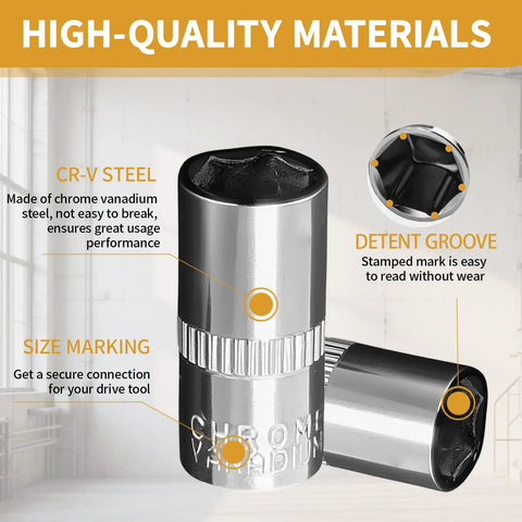 Two-Piece Quarter Inch Drive 8mm Deep And Shallow Socket Set, showcasing CR-V steel, detent groove, and size marking details.