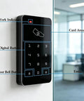 Heavy Duty Standalone Rfid Access Control Keypad For Secure Doors Featuring Card Pin Entry Mode Supports Up To One Thousand Users No Computer Hassle Plug And Play Setup For Home on wall with digital buttons and card area.