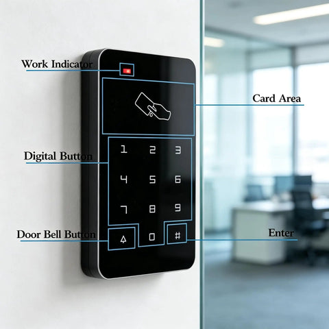 Heavy Duty Standalone Rfid Access Control Keypad For Secure Doors Featuring Card Pin Entry Mode Supports Up To One Thousand Users No Computer Hassle Plug And Play Setup For Home on wall with digital buttons and card area.