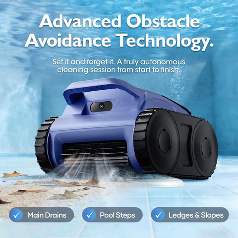 Automatic Robotic Pool Cleaner For Inground And Above Ground Pools, Wall Climbing Design, shown underwater with wheels and brushes.