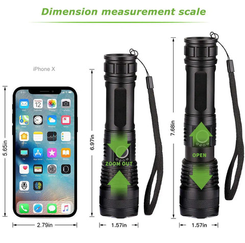 Comparison of 10000 Lumen Tactical Flashlight size with iPhone X, showing zoom feature, for emergency, camping, hiking, and home use.